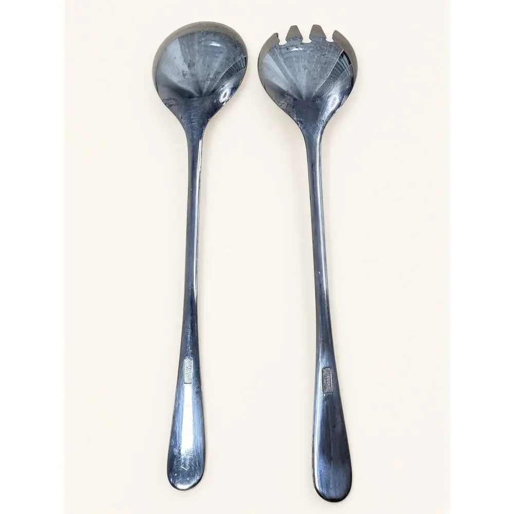 Vintage Silverplate Italy Salad Serving Set Spoon Fork Plain Minimalist Design